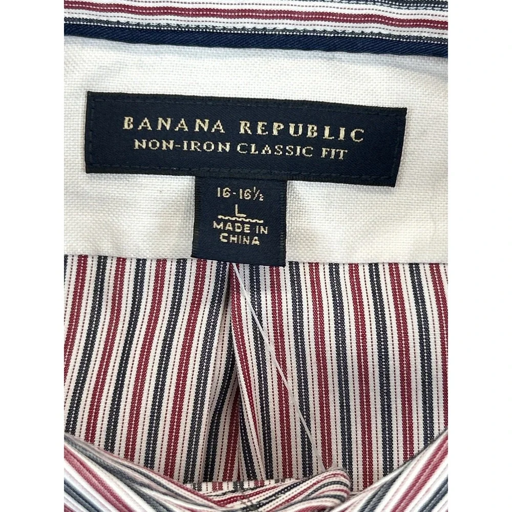 Banana Republic Dress Shirt Mens L Blue Red Stripe Non Iron Classic Fit NWT‎